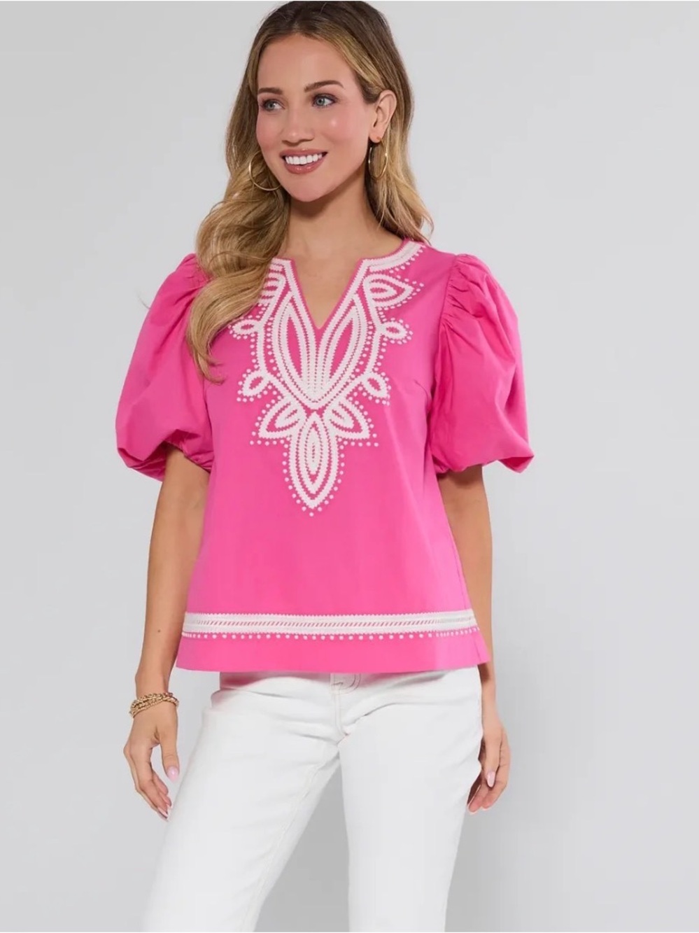 Avara exclusive Roxanne Pink Embroidered Puff-Sleeve Women's Top nwt XS